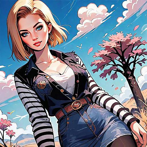 Stylish Blonde Woman in Black Vest and Denim Skirt in Vibrant Anime Landscape