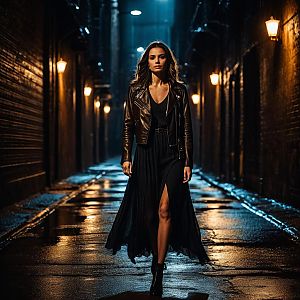Confident Woman in Urban Alley at Night