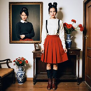 Elegant Woman in Vintage Room with Retro Style