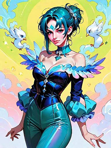 Dark Fantasy Woman in Elegant Feathered Outfit with Birds Illustration