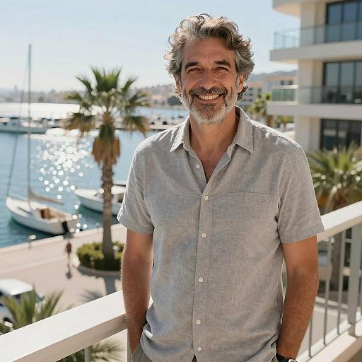 Smiling Middle-Aged Man on Balcony Overlooking Marina with Boats