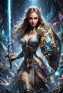 Fierce Woman Warrior in Ornate Gold and Blue Fantasy Armor with Sword and Shield