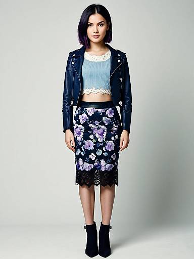 Stylish Woman in Navy Leather Jacket and Floral Pencil Skirt