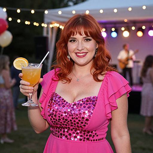 Woman in Pink Sequined Dress Holding Cocktail at Outdoor Evening Party