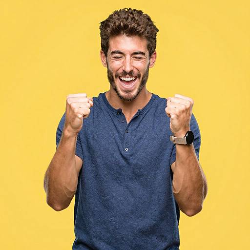 Joyful Young Man Celebrating with Fists Raised Against Yellow Background