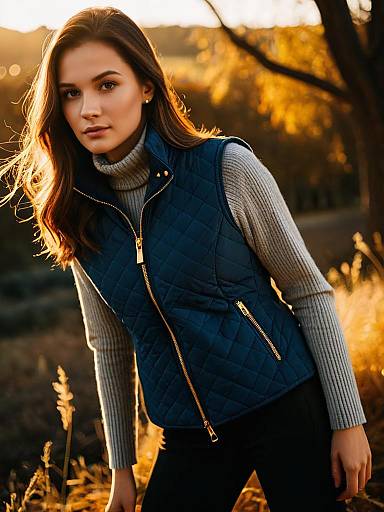 Woman Wearing Casual Navy Quilted Vest with High Collar and Zipper Front