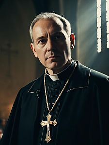 Dramatic Cinematic Portrait of Man in Catholic Priest Costume with Gold Cross