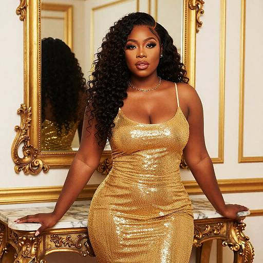 Glamorous Woman in Gold Dress Posing in Luxurious Classic Interior