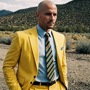 Man in Yellow Suit with Striped Tie Outdoors in Desert Landscape