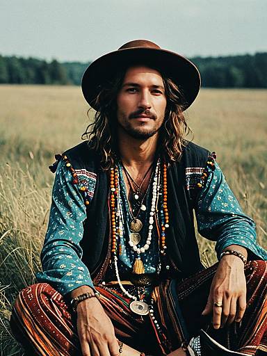 Bohemian Style Man in Relaxed Fashion Editorial Sitting in Field