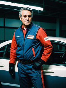 Man in Racing Jumpsuit Beside White Car