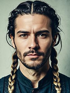 Close-up portrait of a man with braided hair and beard