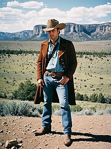 Man in Brokeback Mountain Cowboy Costume Full Body Editorial Photo Outdoors