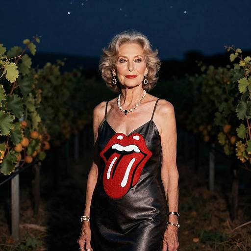 Elegant Older Woman Wearing Rolling Stones Logo Dress in Vineyard at Night