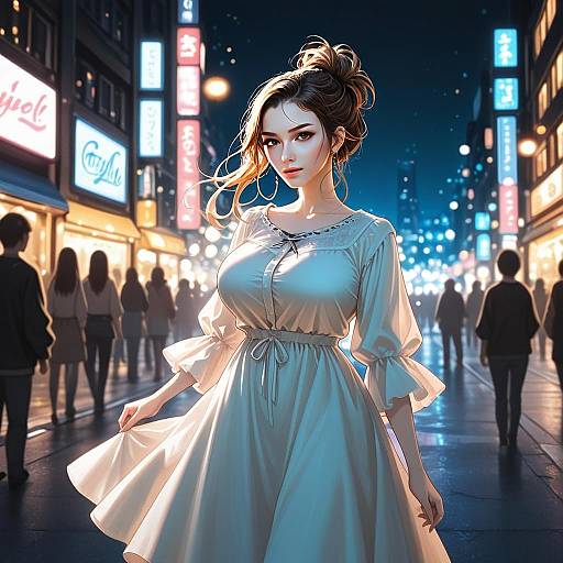 Anime Style Illustration of Woman in White Dress on Neon-Lit Night Street