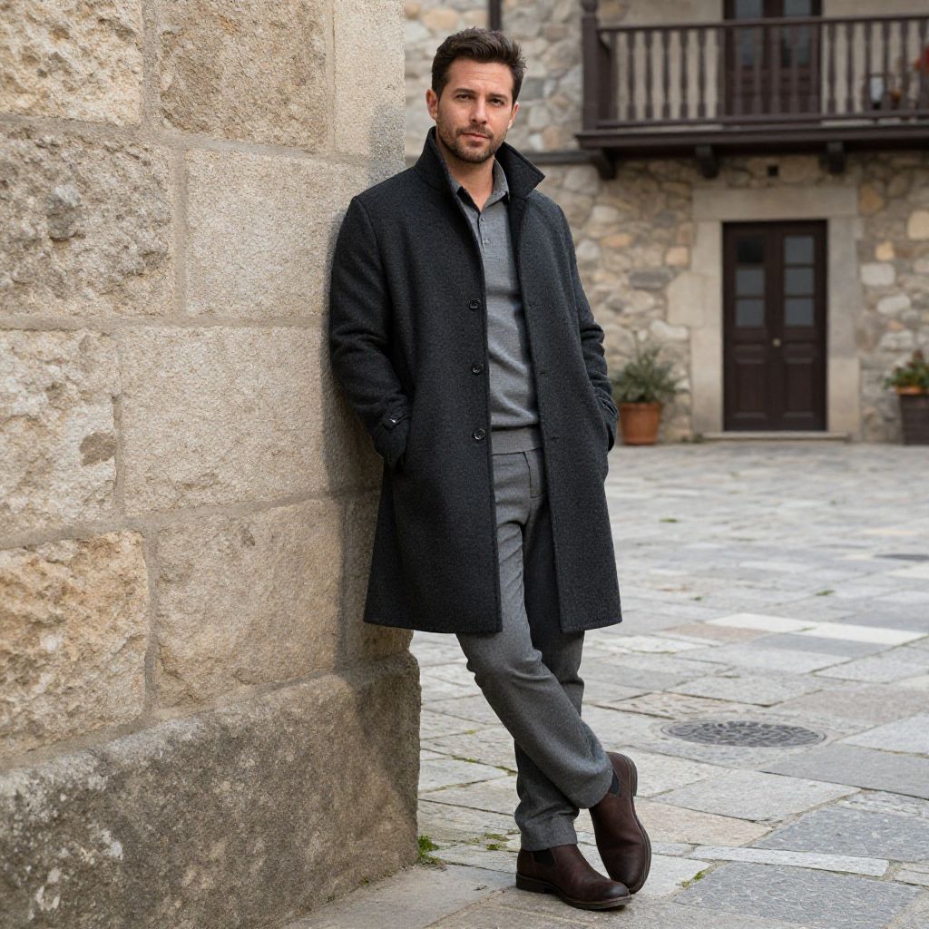 Stylish Man in Dark Overcoat and Grey Outfit Leaning on Stone Wall