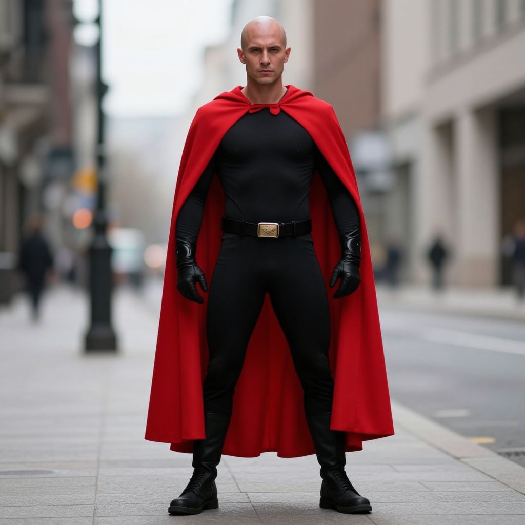 Bald Man in Red Cape Superhero Costume on City Street