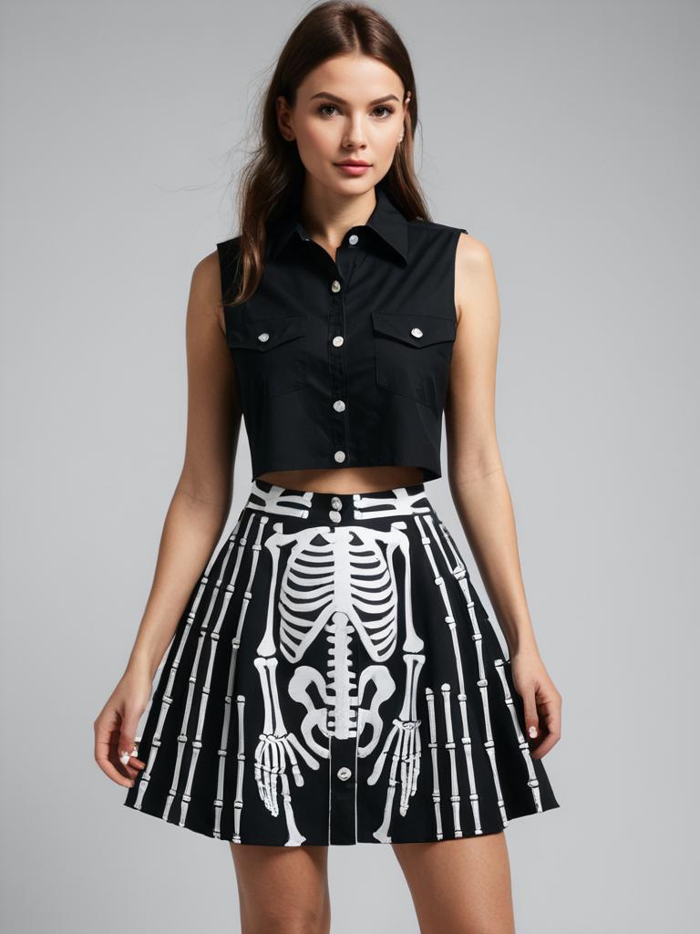 Woman Wearing Modern Edgy Cropped Black Sleeveless Shirt and Skeleton Print High Waist Skirt