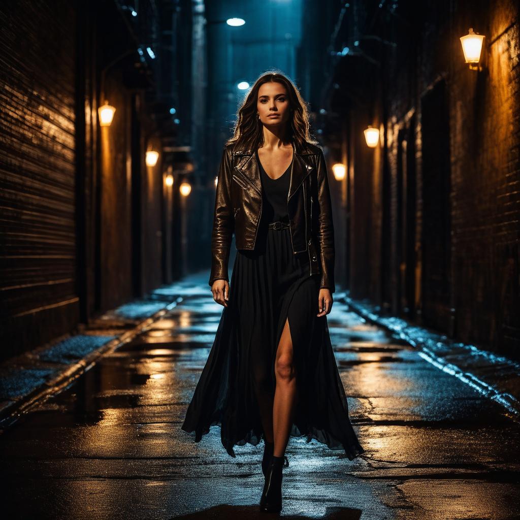 Confident Woman in Urban Alley at Night