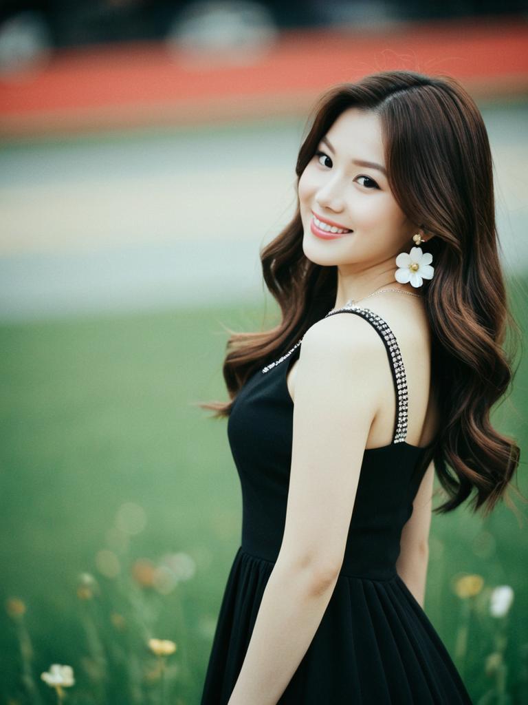 Woman in Elegant Black Diamante Strap Dress with Brown Hair Outdoors