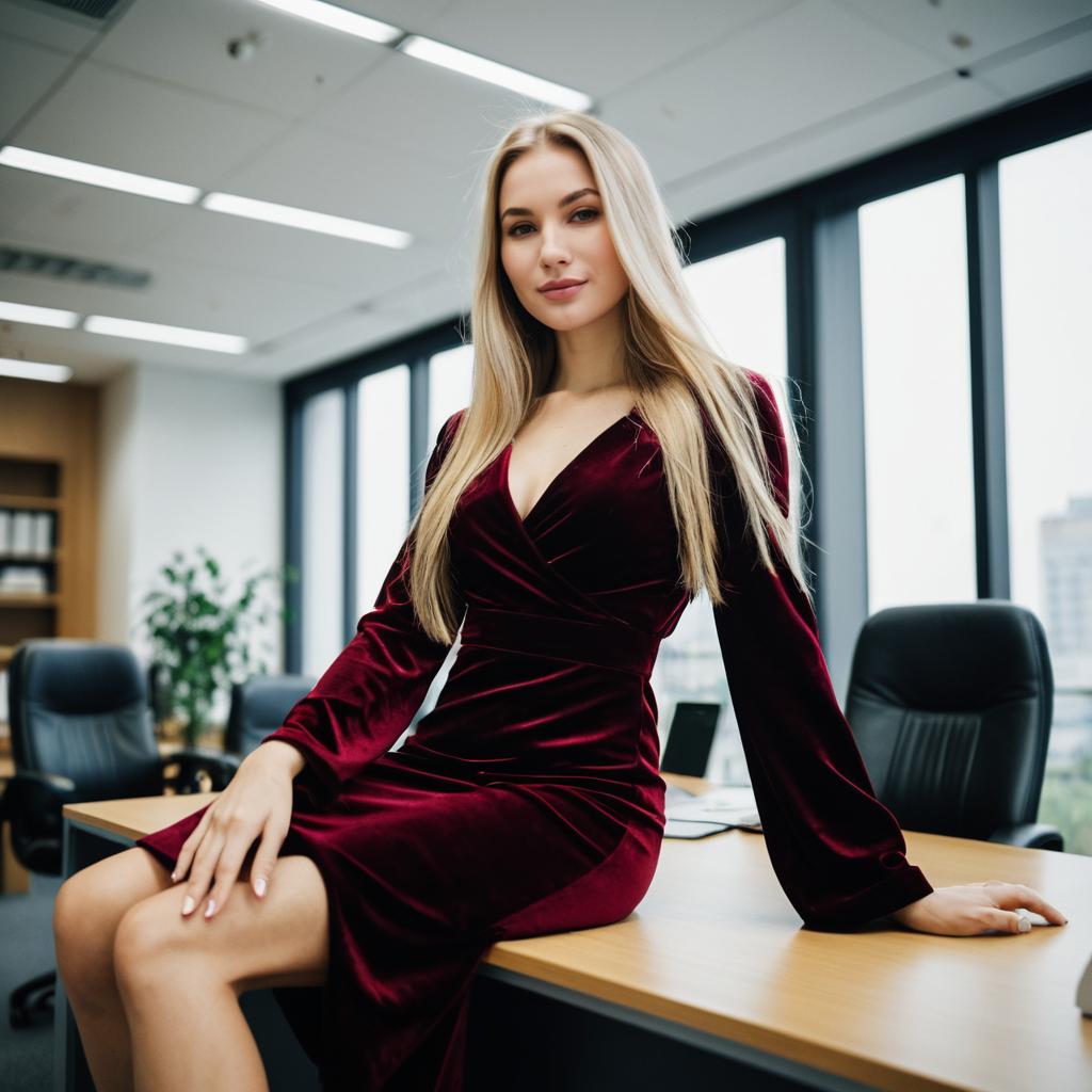 Confident Woman in Burgundy Velvet Dress Sitting on Office Desk