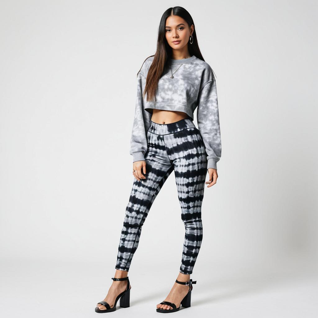 Chic Woman in Grey Sweatshirt and Tie-Dye Leggings