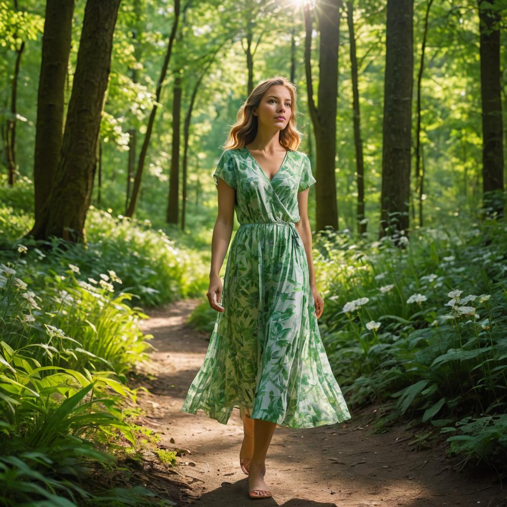 Woman in Floral Dress Walking in Sun-Dappled Forest