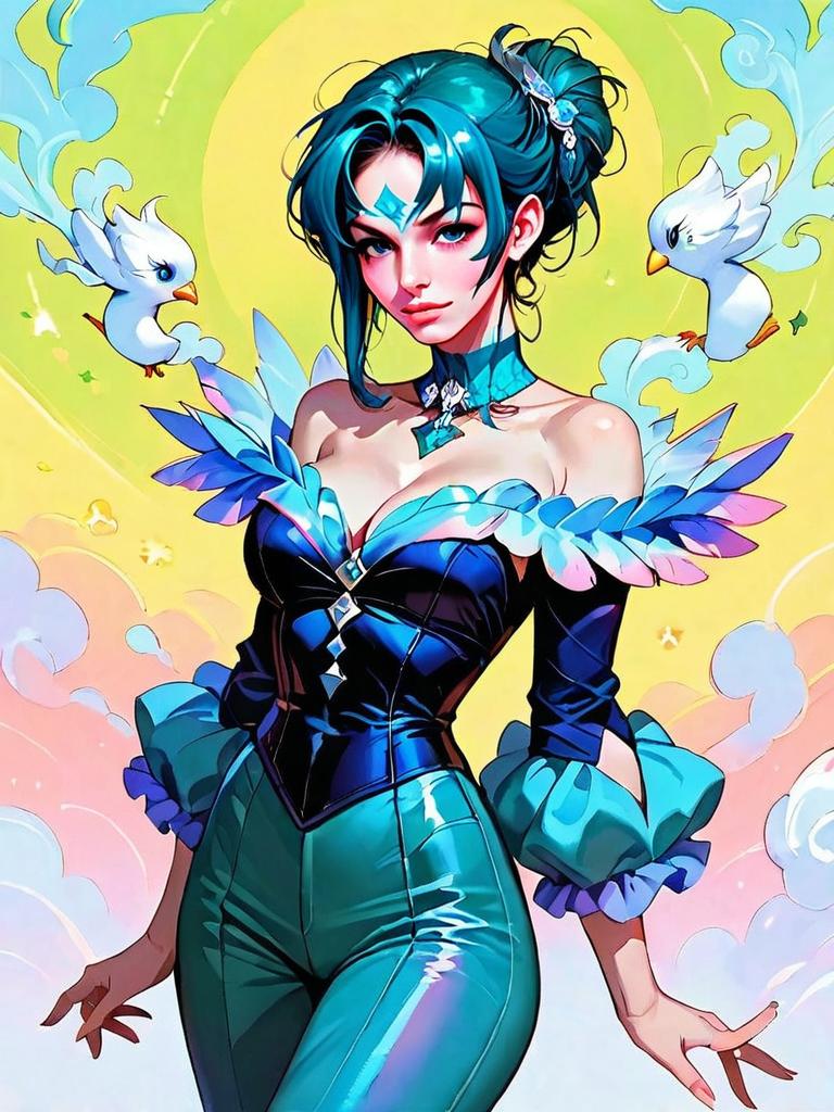 Dark Fantasy Woman in Elegant Feathered Outfit with Birds Illustration