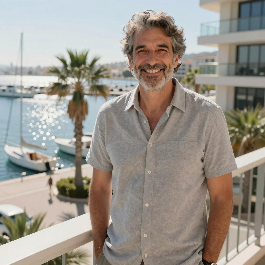 Smiling Middle-Aged Man on Balcony Overlooking Marina with Boats