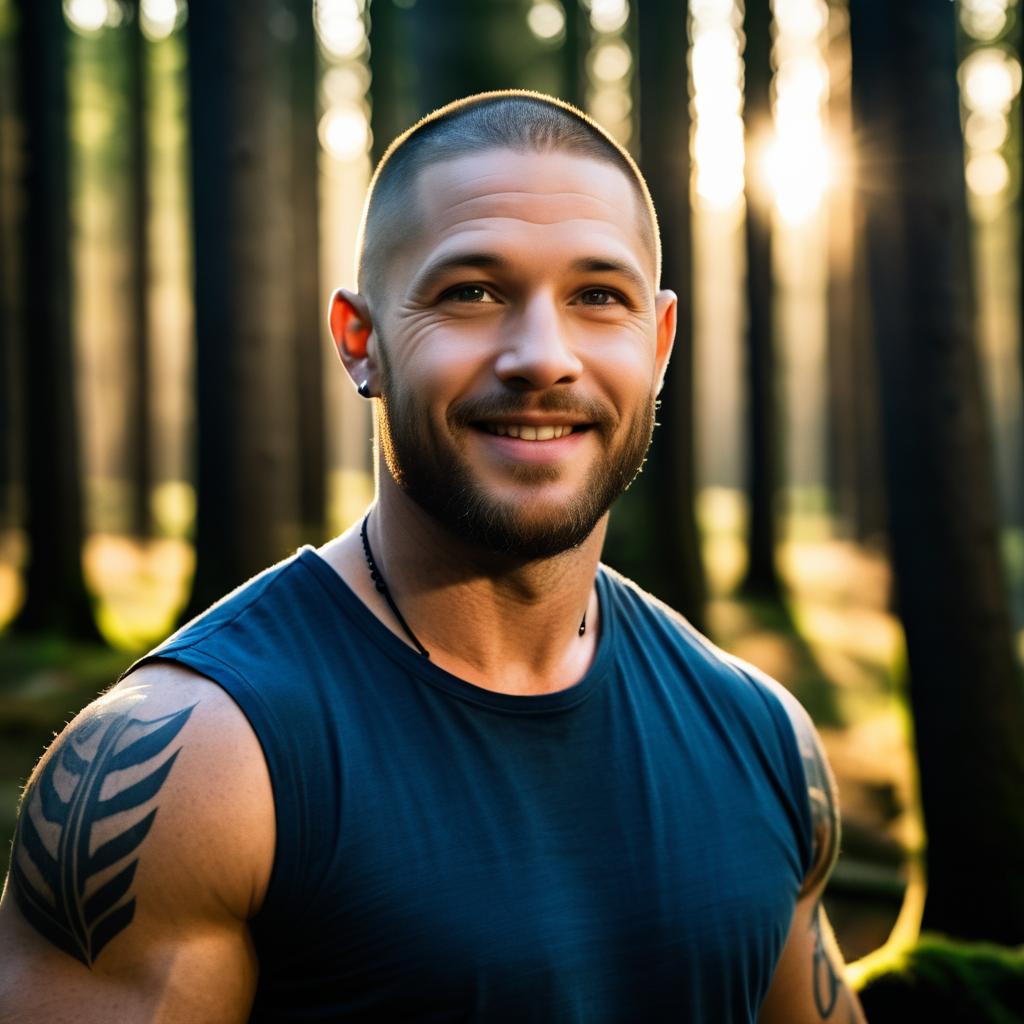 Confident Man in Sunlit Forest