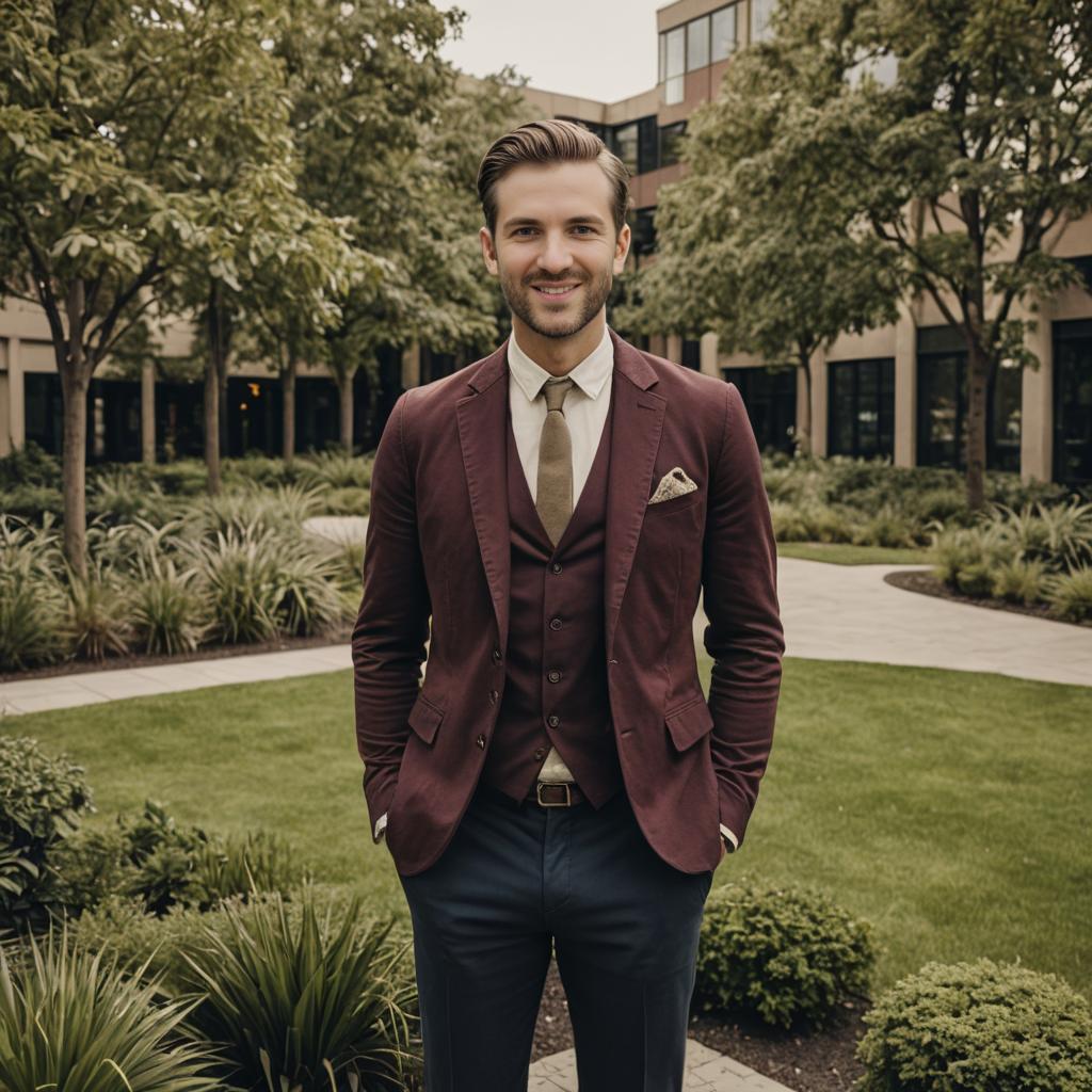 Stylish Man in Burgundy Suit in Garden