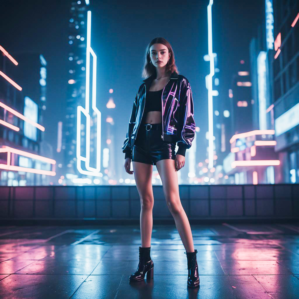 Stylish Young Woman in Neon Urban Setting