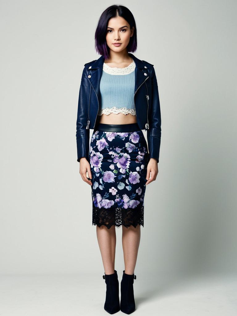 Stylish Woman in Navy Leather Jacket and Floral Pencil Skirt