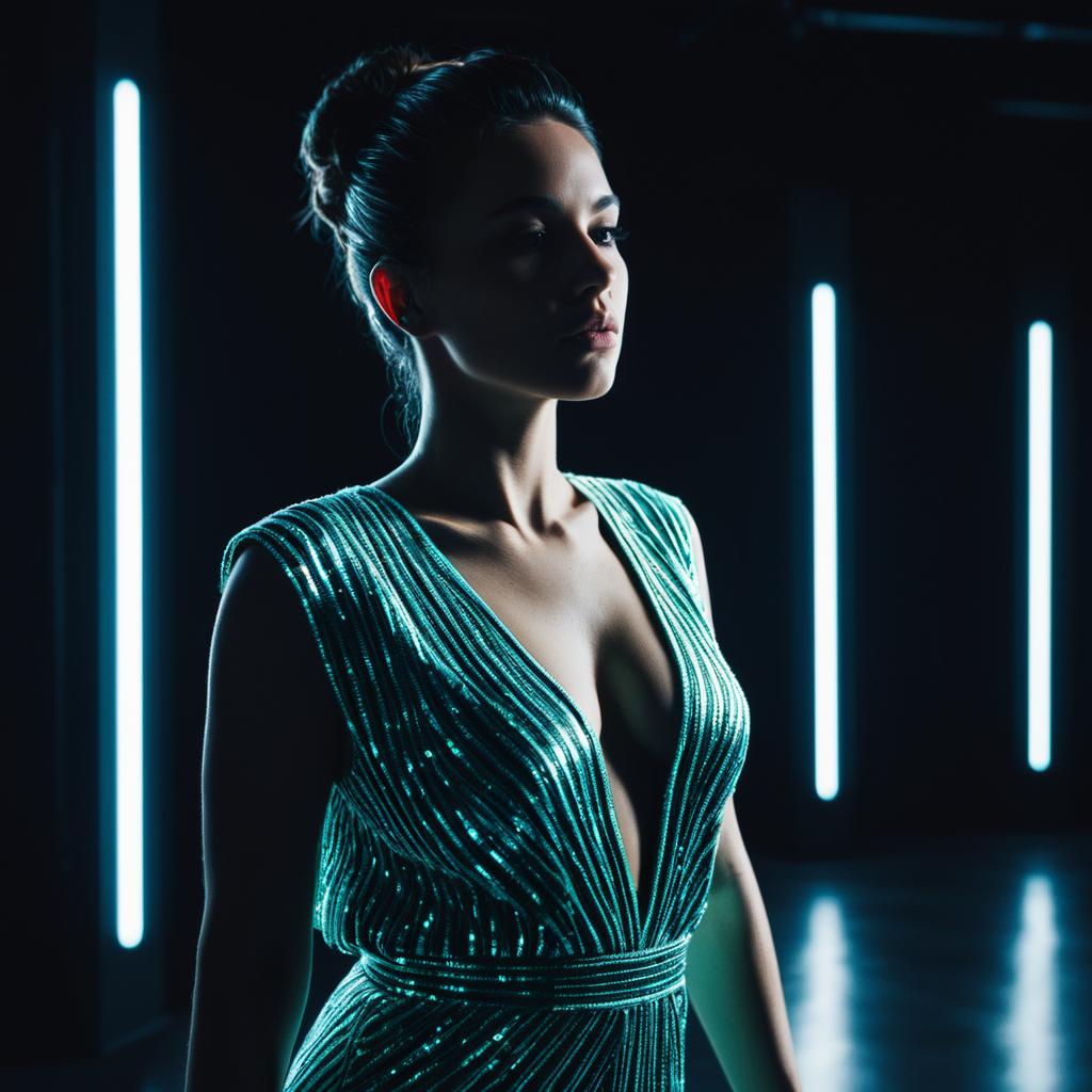 Elegant Woman in Shimmering Metallic Dress with Neon Blue Lighting