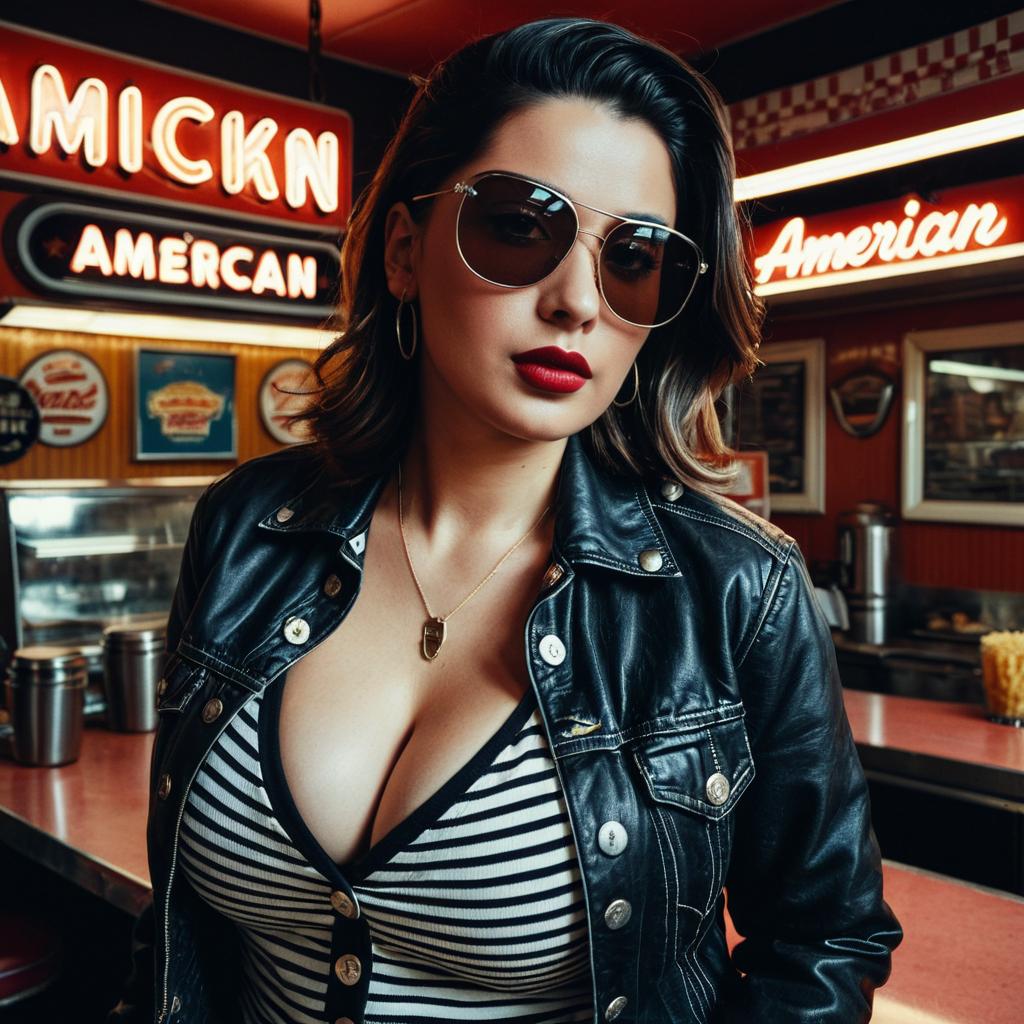 Stylish Woman in Leather Jacket at Retro American Diner