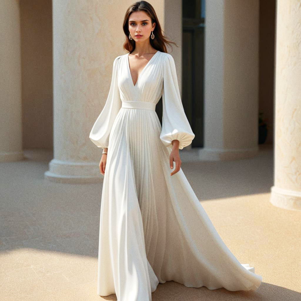 Elegant Woman in White Dress with Balloon Sleeves