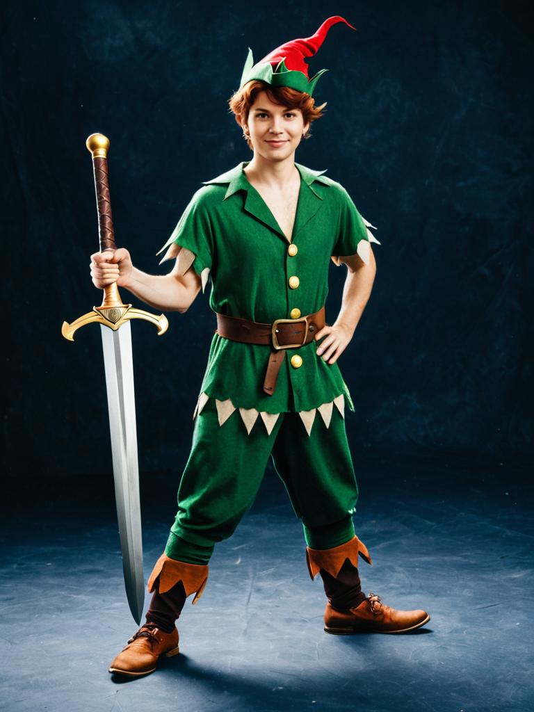 Man in Disney Peter Pan Costume Full Body Cosplay with Sword