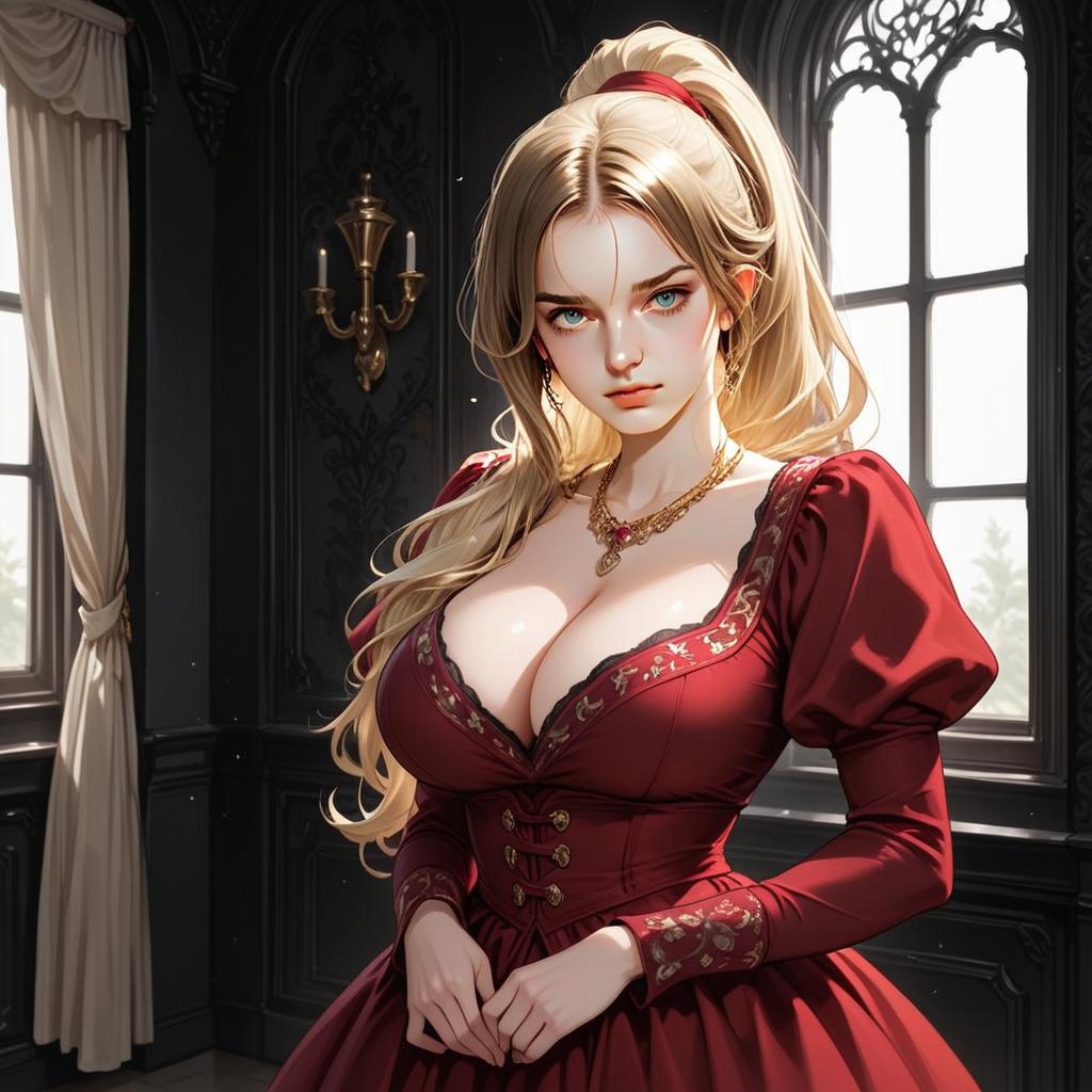 Elegant Blonde Woman in Red Renaissance Dress Illustration