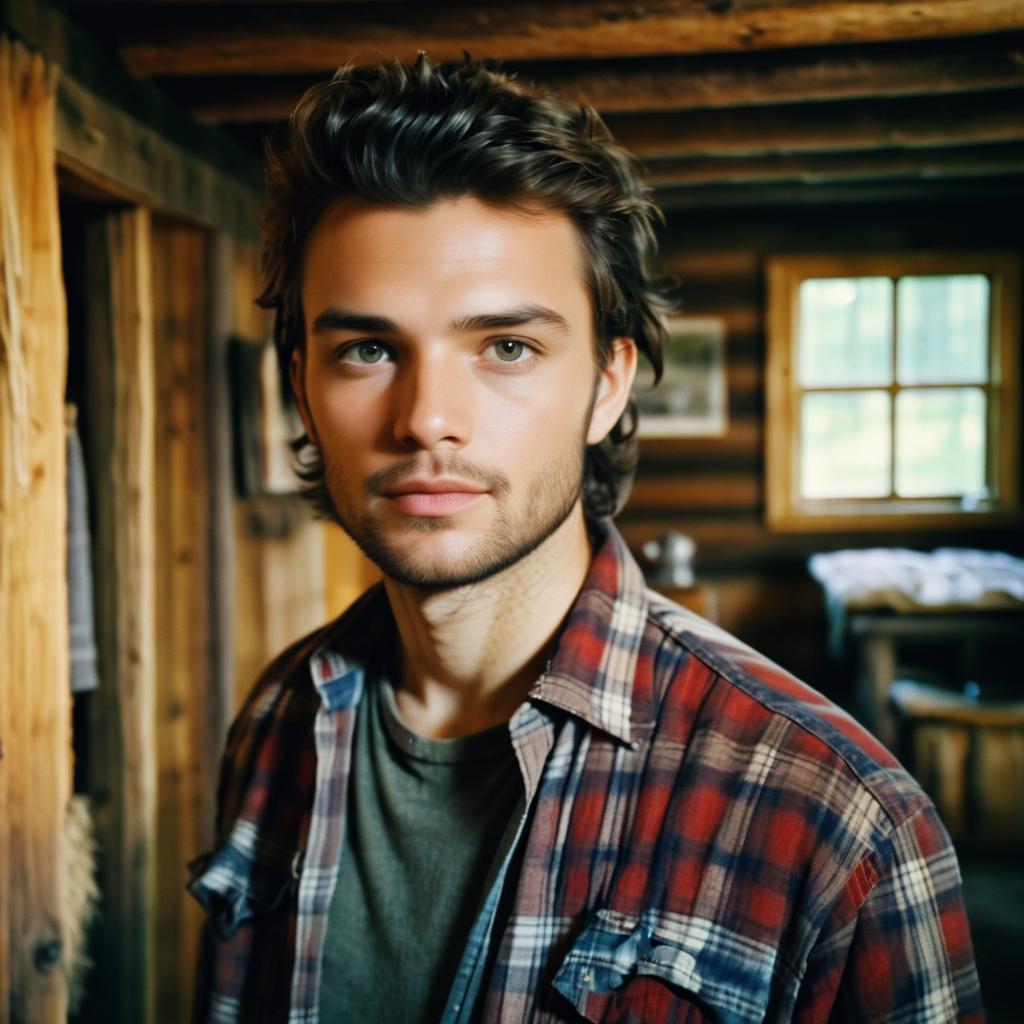 Young Man in Plaid Shirt at Rustic Cabin