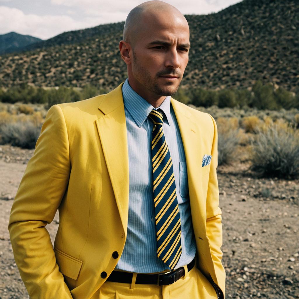 Man in Yellow Suit with Striped Tie Outdoors in Desert Landscape