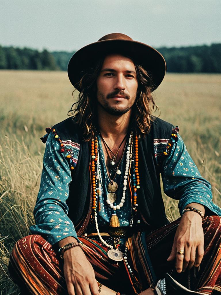 Bohemian Style Man in Relaxed Fashion Editorial Sitting in Field