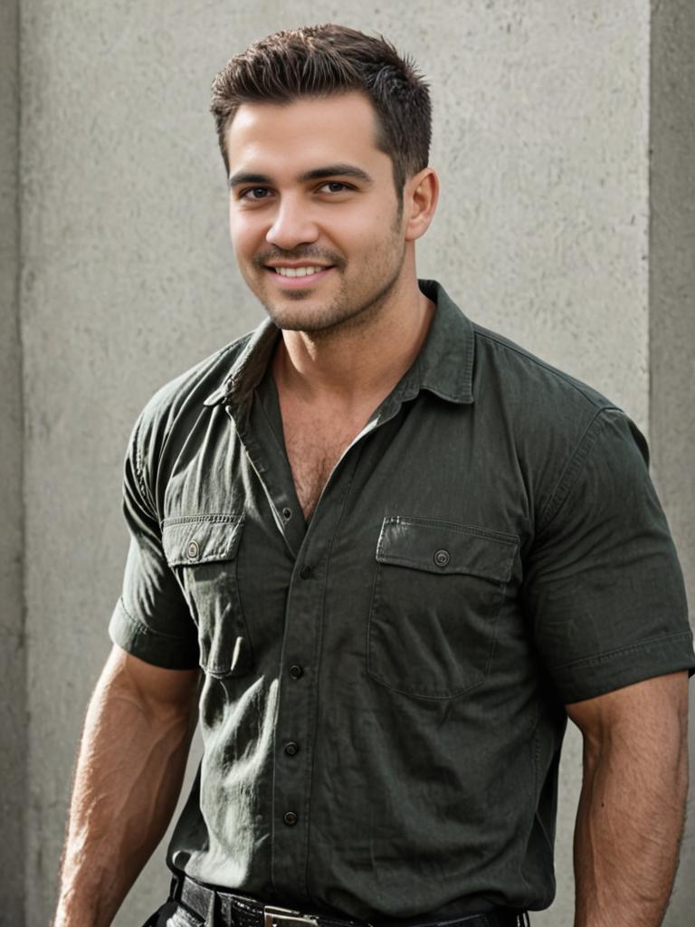 Confident man in green shirt with charming smile