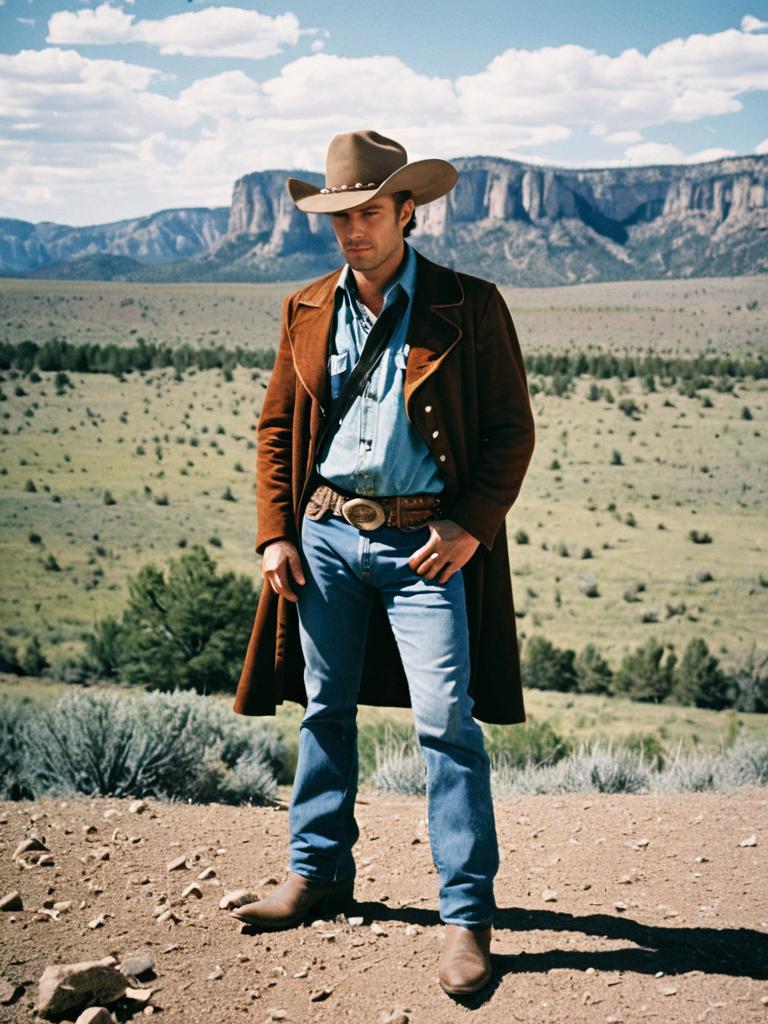 Man in Brokeback Mountain Cowboy Costume Full Body Editorial Photo Outdoors
