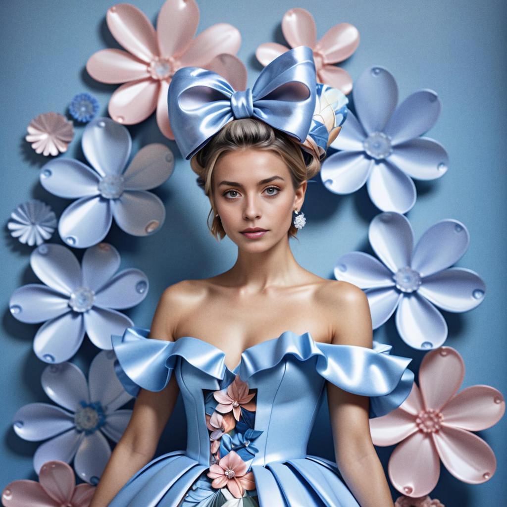 Woman in Blue Gown with Ruffled Sleeves and Bow in Hair