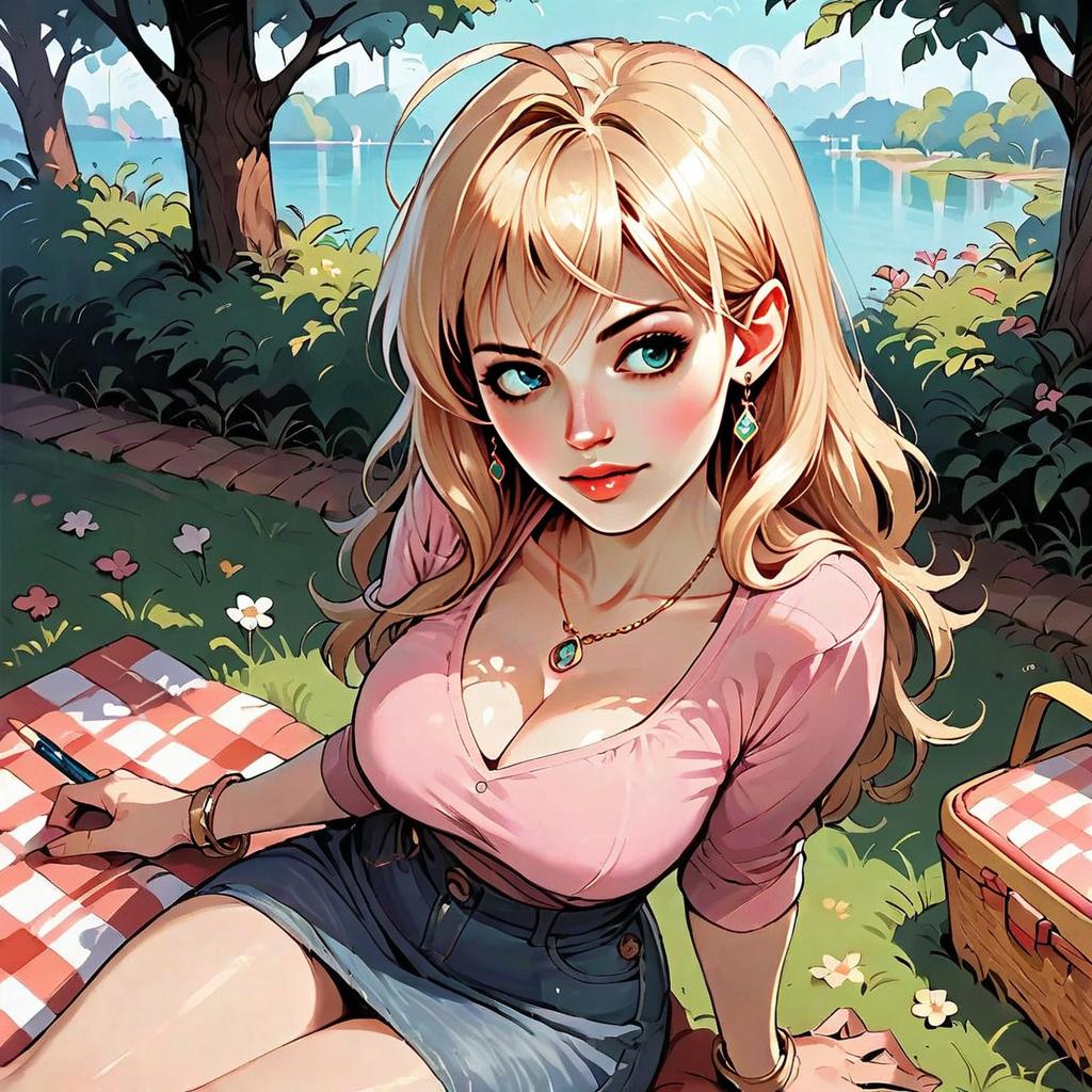 Anime Style Blonde Woman Picnic by Lakeside Illustration