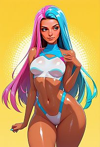 Stylized Woman with Pink and Blue Hair in Futuristic Bikini Digital Art