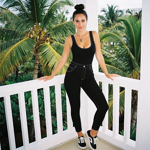 Hourglass Woman in Black Outfit on Balcony with Lomography Analog Style