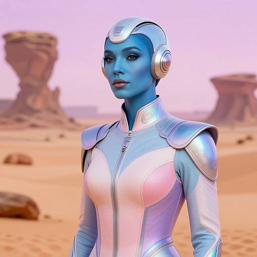 Futuristic Blue-Skinned Woman in Iridescent Space Suit in Desert