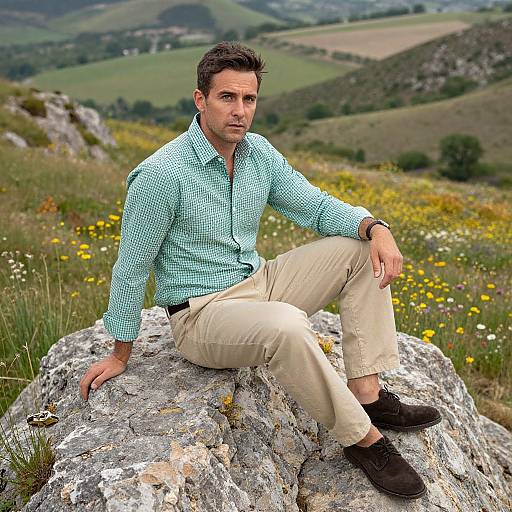Man Sitting on Rock in Wildflower Meadow Landscape