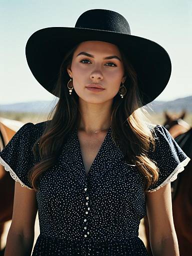Western Style Woman Wearing Maxi Dress and Wide Brim Hat Close-Up